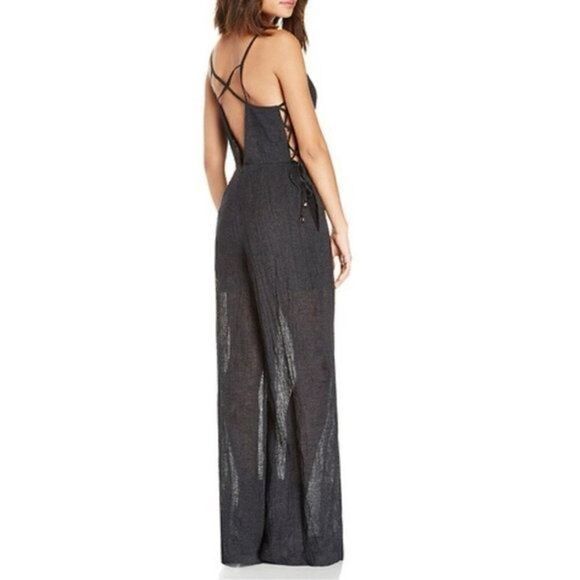 Line & Dot Strappy Linen Jumpsuit in Black XS - Picture 1 of 11